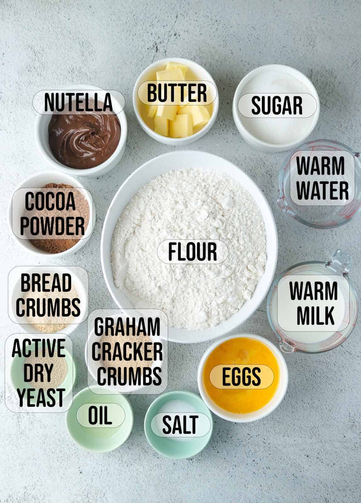 ingredients for Chocolate Pandesal with Nutella Filling im bowls.