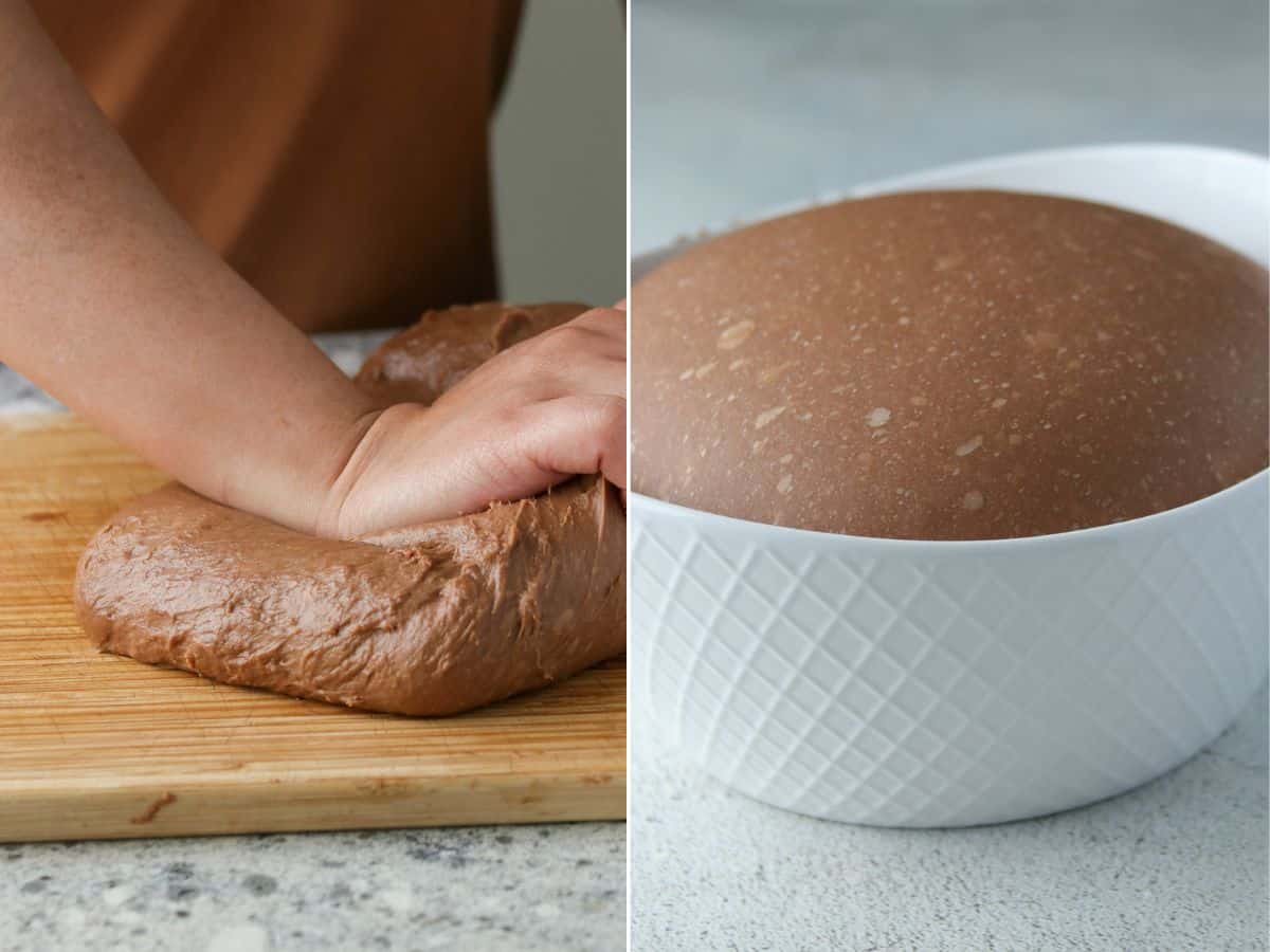 kneading chocolate dough and letting it rise in white bowl.