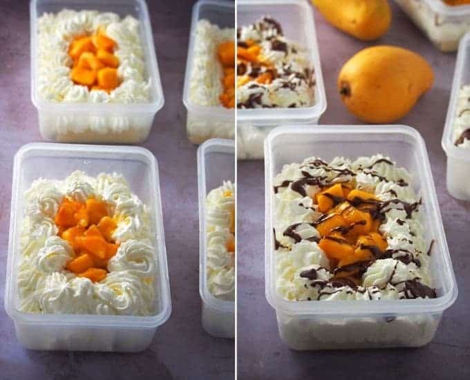 decorating mango bravo cake with sweetened mango cubes and melted chocolate