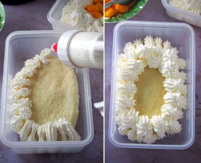 piping whipped cream on a steamed chiffon cake in a plastic container