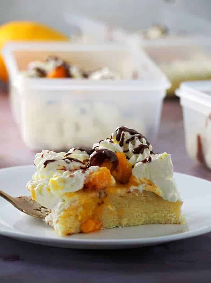 slice of mango cake on a white plate