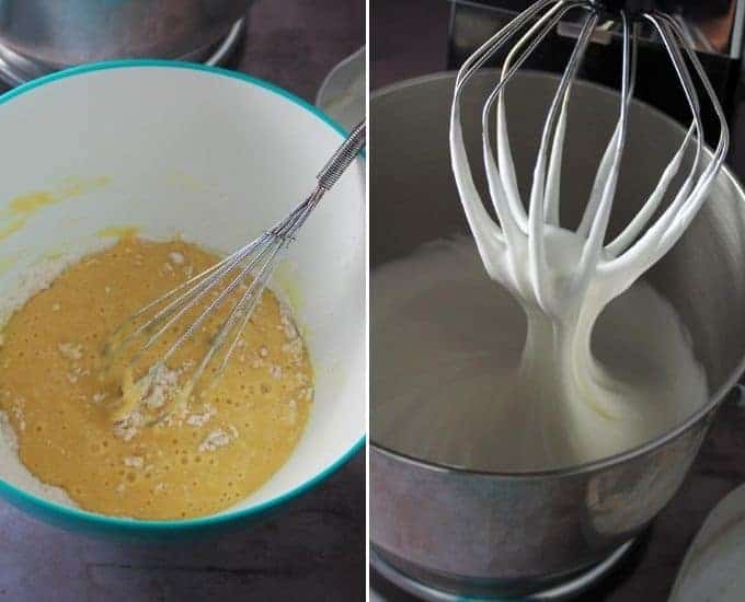 whisking the egg whites in a stand mixer and making the chiffon batter in a bowl