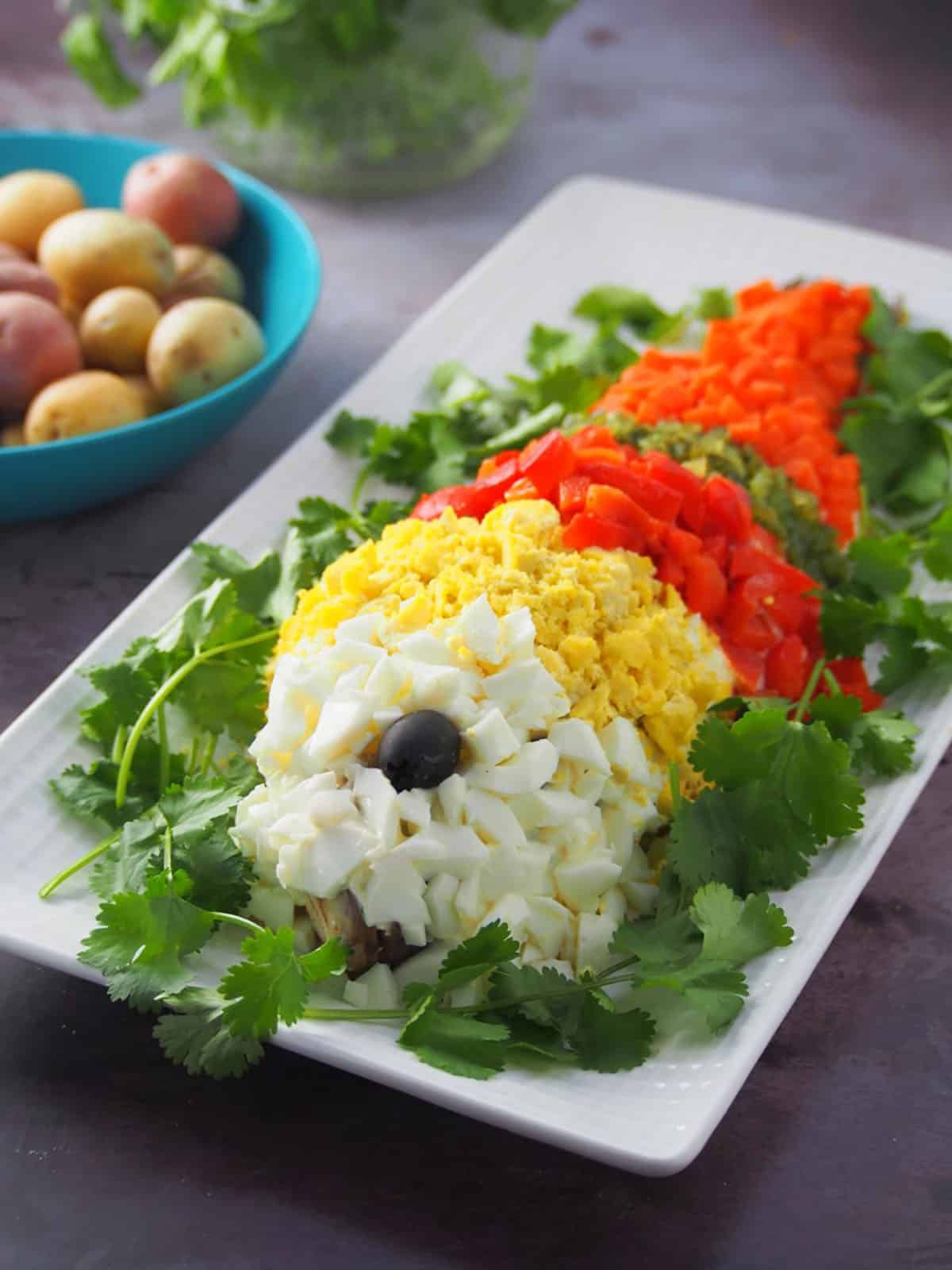 pescao en mayonesa or steamed fishdecorated with chopped eggs, roasted bell peppers, sweet relish, and carrots