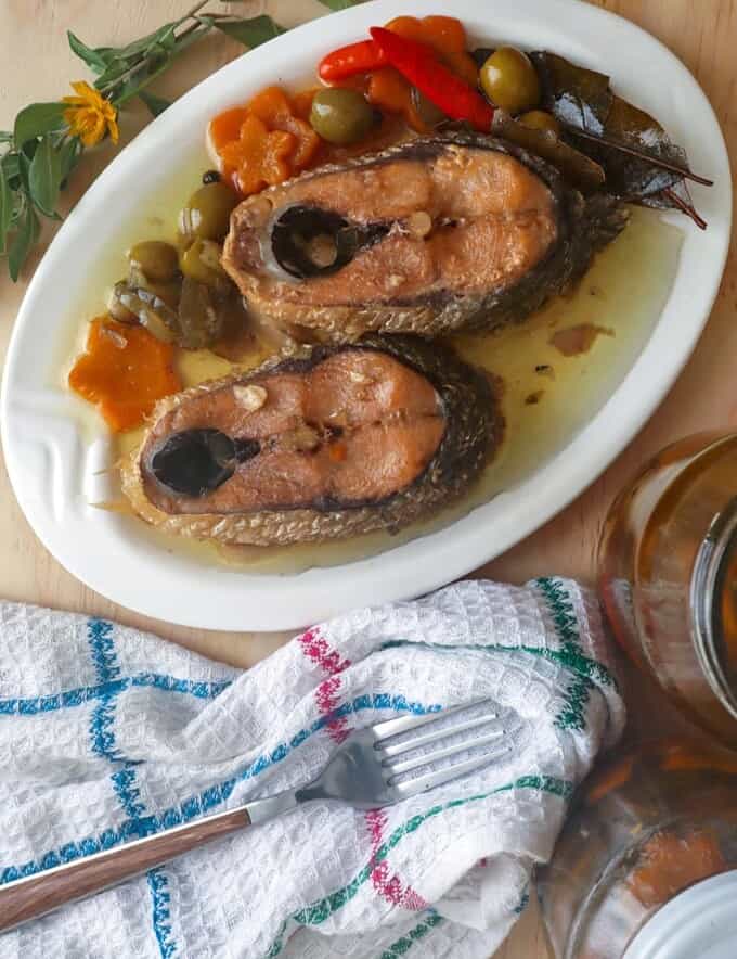 Spanish-style Sardines Bangus in Oil on a serving platter