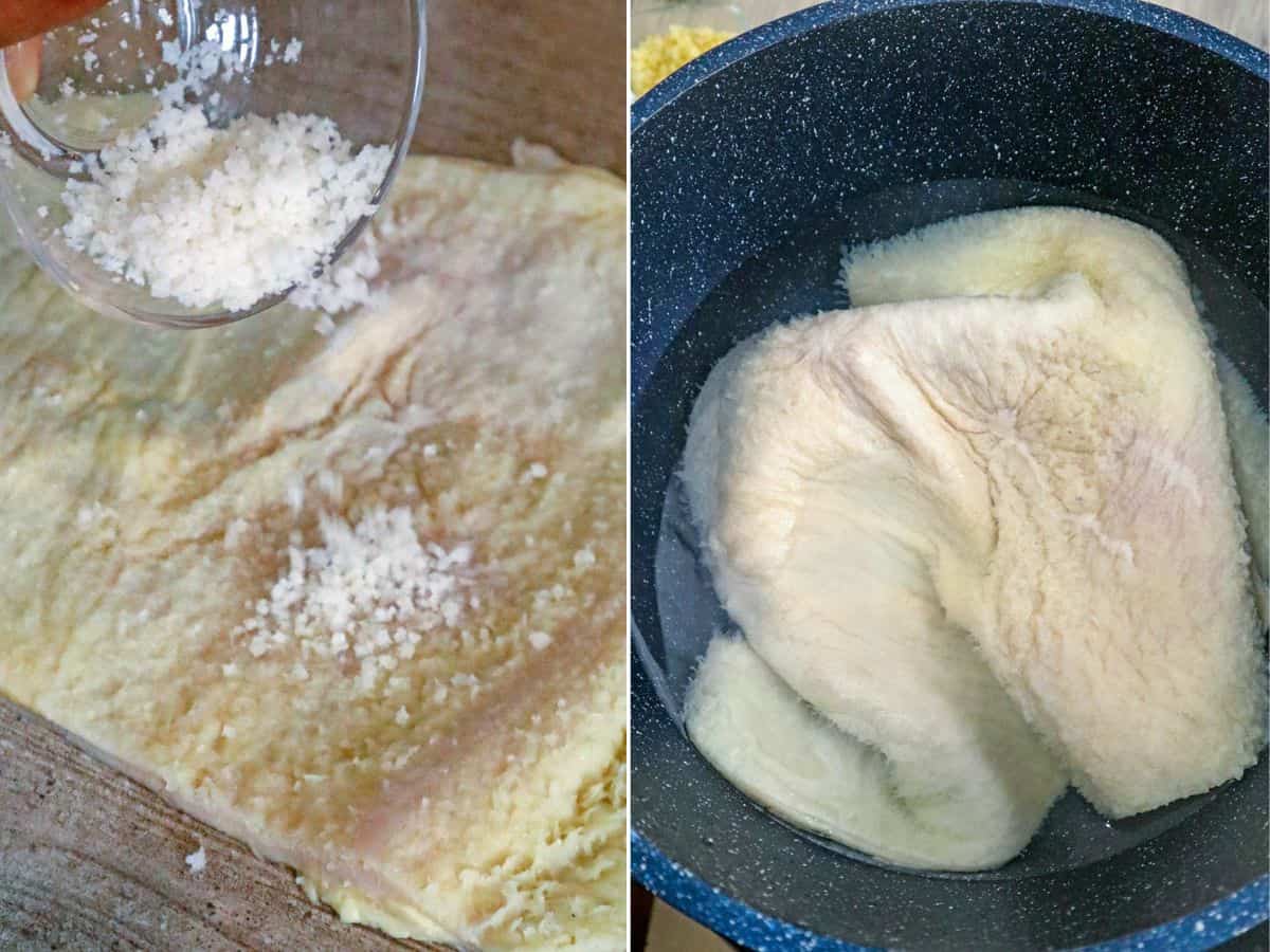 cleaning tripe with salt and soaking in a pot of water
