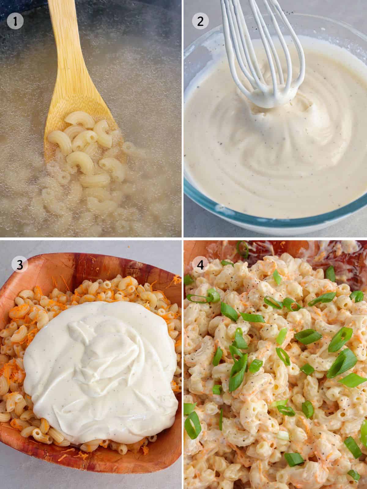 making Hawaiian macaroni salad in a bowl.