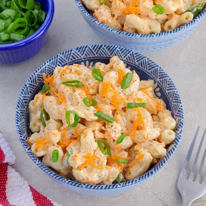 Hawaiian macaroni salad in a bowls.