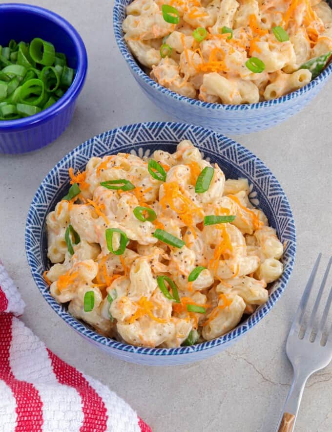 Hawaiian macaroni salad in a bowls.