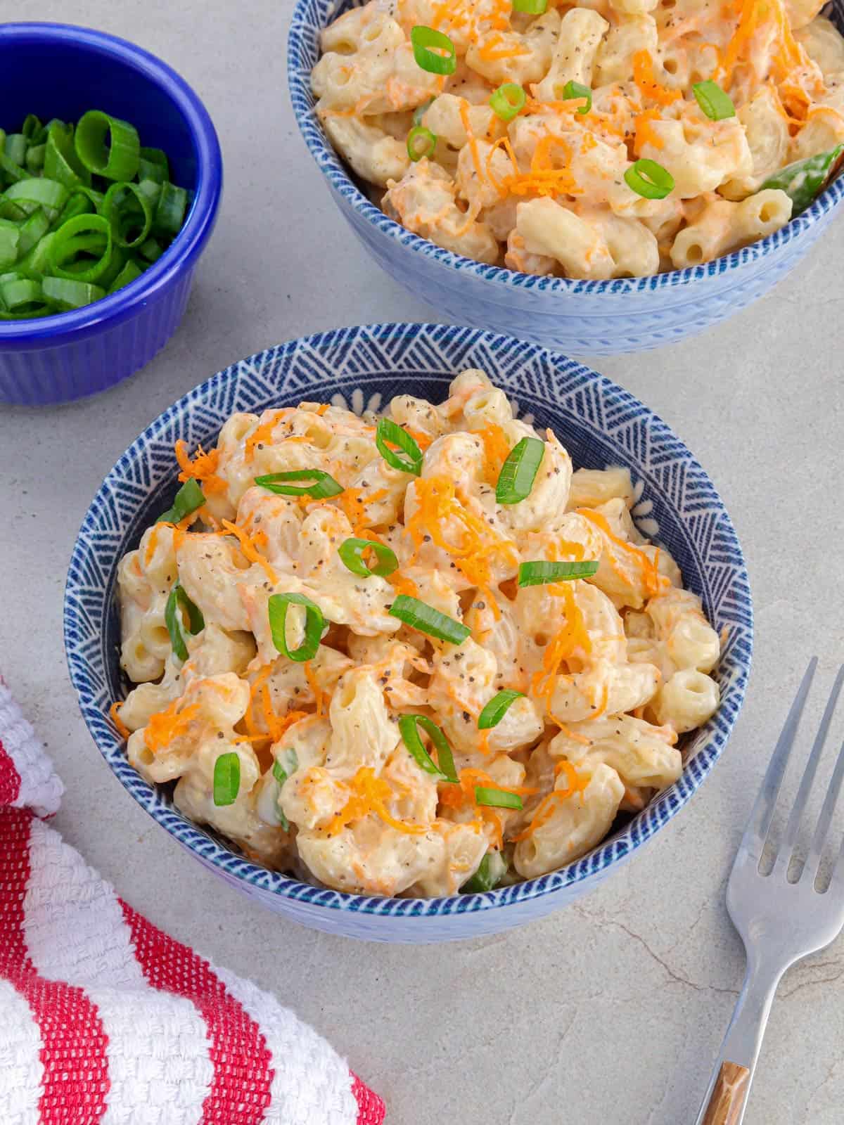 Hawaiian macaroni salad in a bowls.