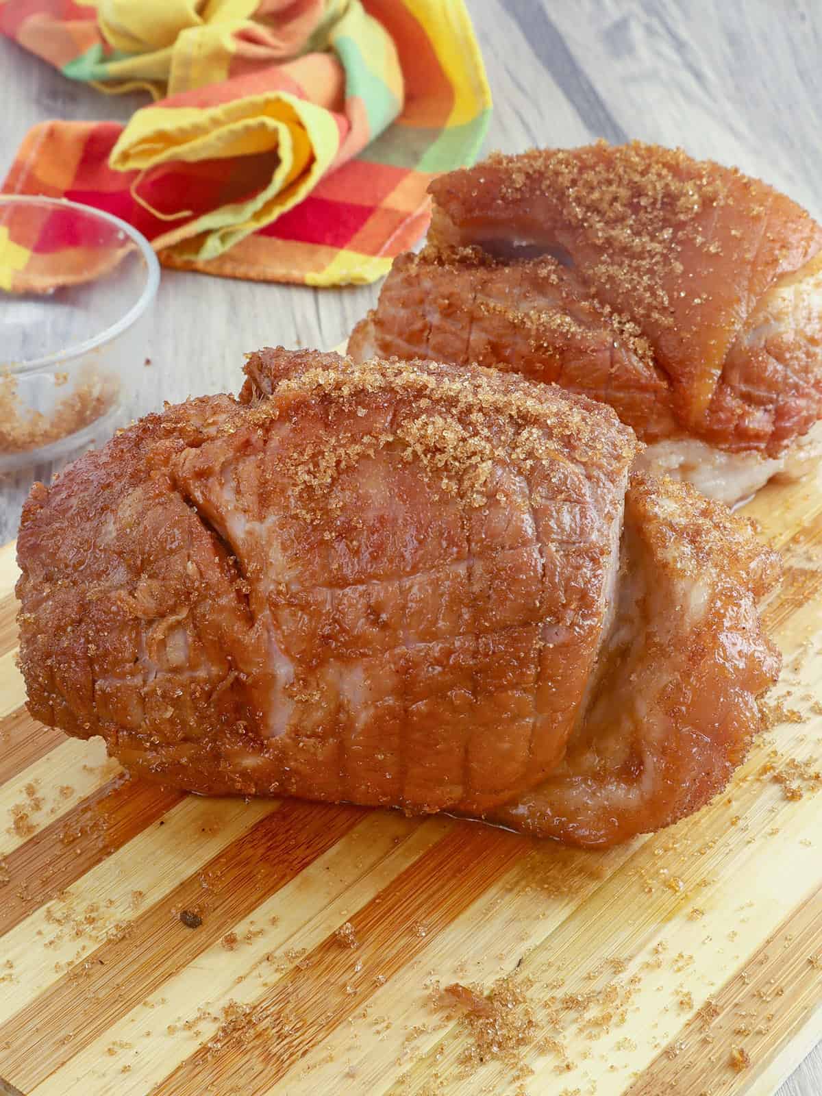 homemade ham coated with brown sugar and ready to broil