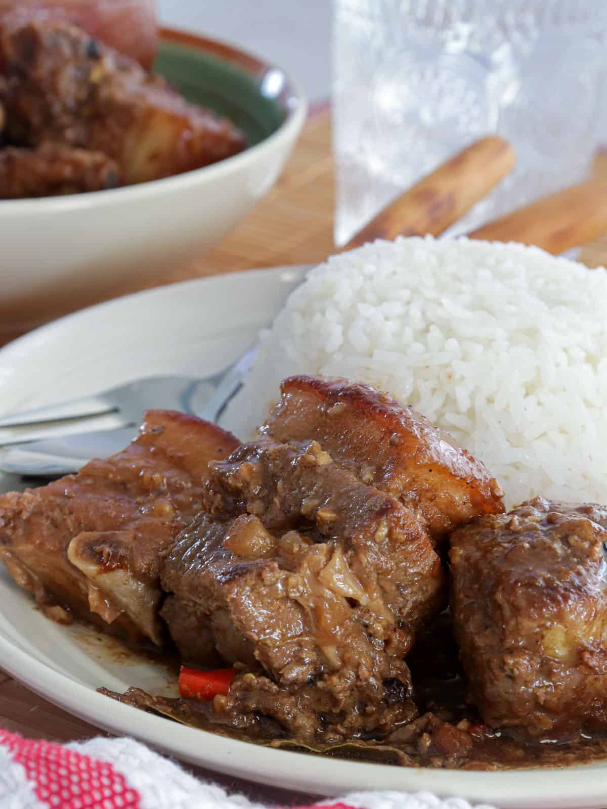 adobo sa gata on a white plate with steamed rice.