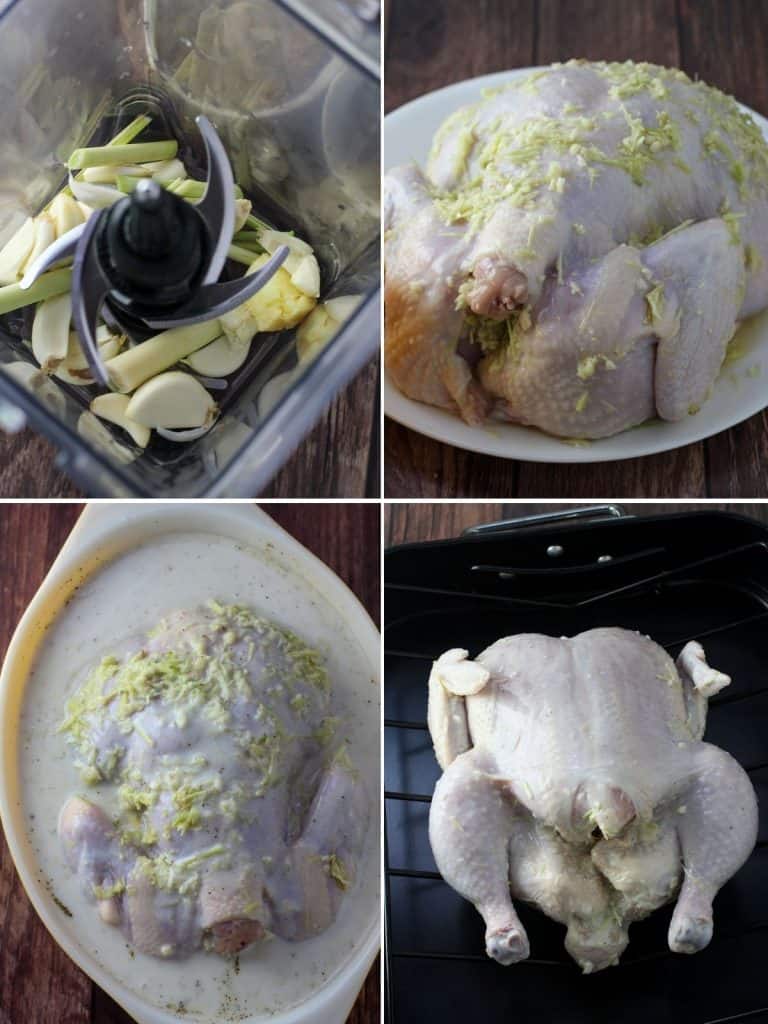 marinating whole chicken with lemongrass and coconut milk mixture