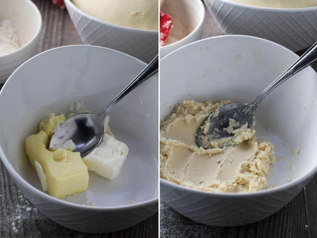 softening butter with shortening in a bowl with a spoon