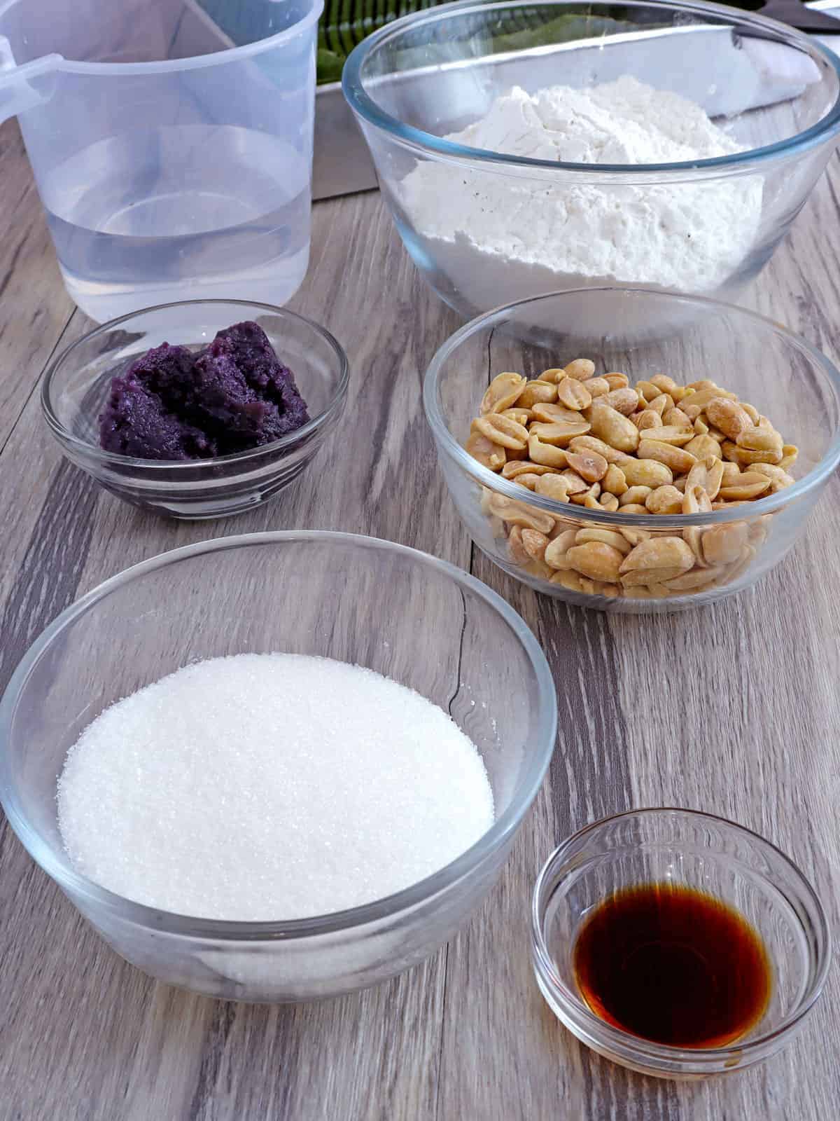 glutinous rice flour, penauts, ube halaya, sugar, water in bowls