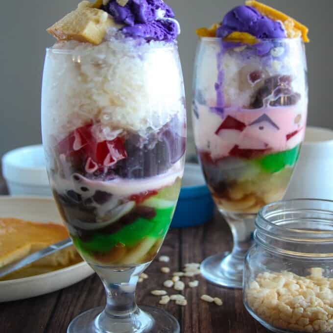 halo-halo topped with ice cream and leche flan