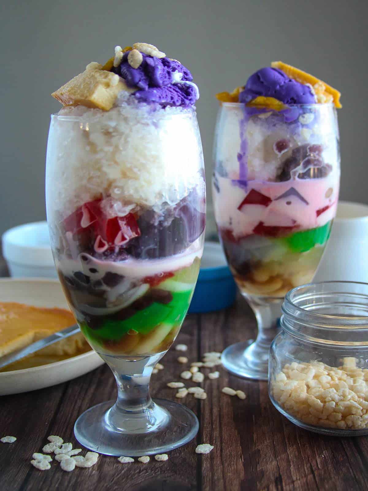 halo-halo topped with ice cream and leche flan
