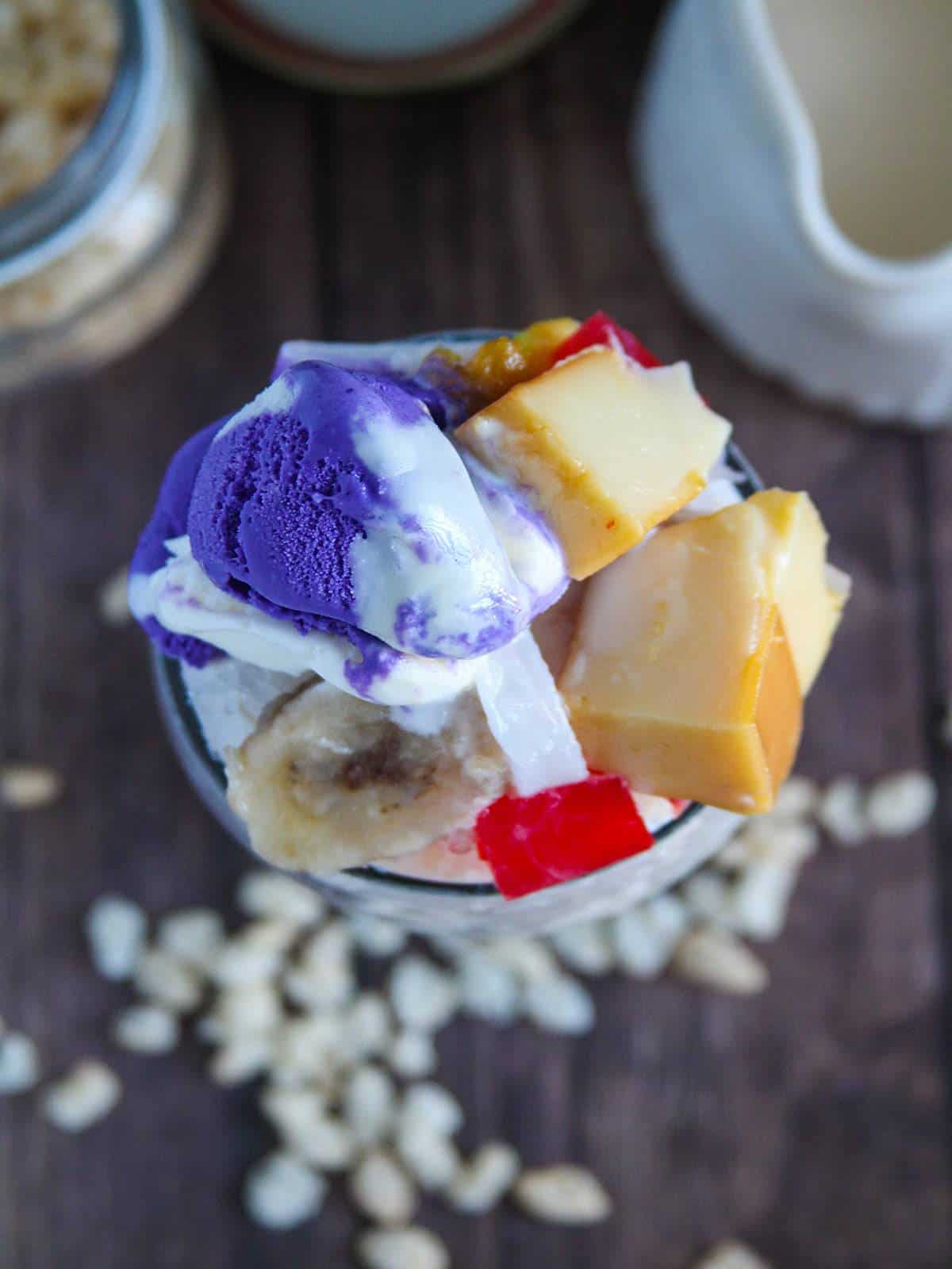 top shot of Filipino halo-halo with leche flan and ube ice cream