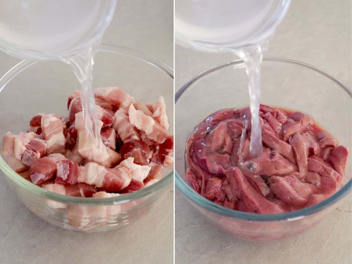 marinating pork and liver in vinegar in glass bowls.