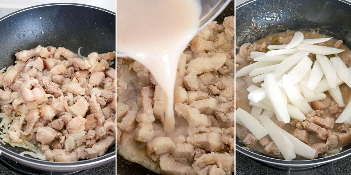 cooking Kilawing Labanos at Baboy in a pan.