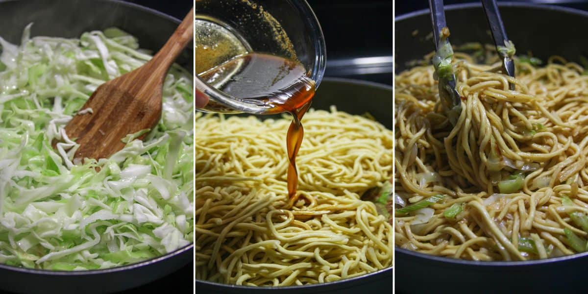 cooking chow mein Panda Express style in a wide pan.