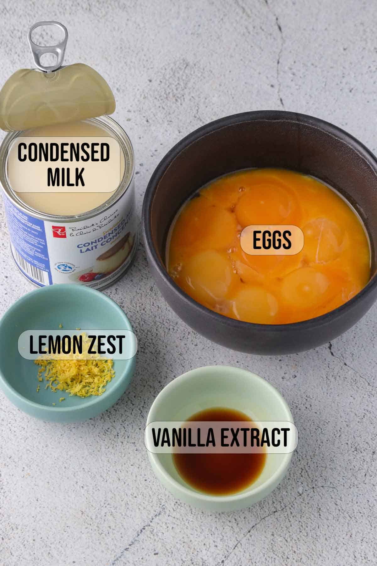 egg yolks, condensed milk, lemon zest, vanilla extract to make custard filling.