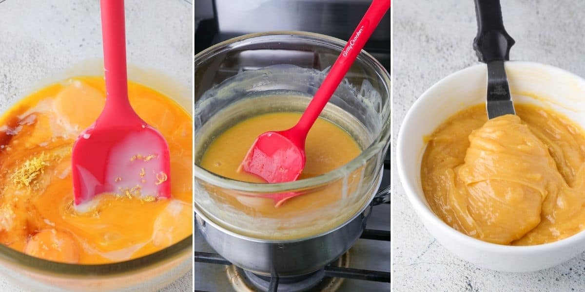 making yema filling for brazo de mercedes in a double boiler.