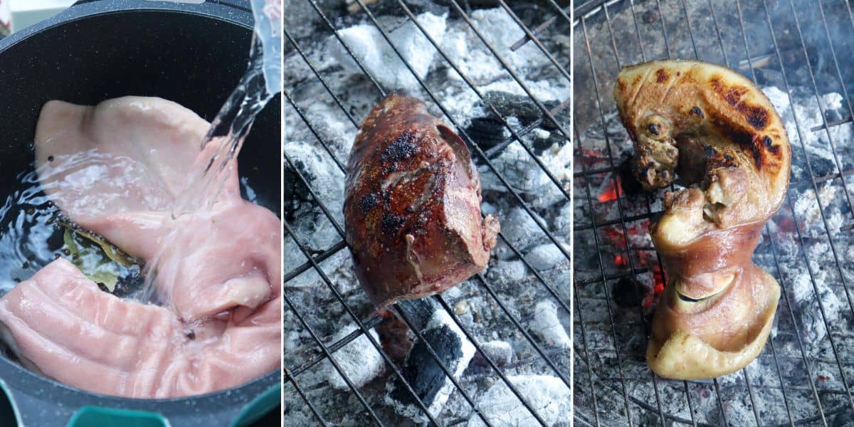 cooking and grilling pig face and liver.