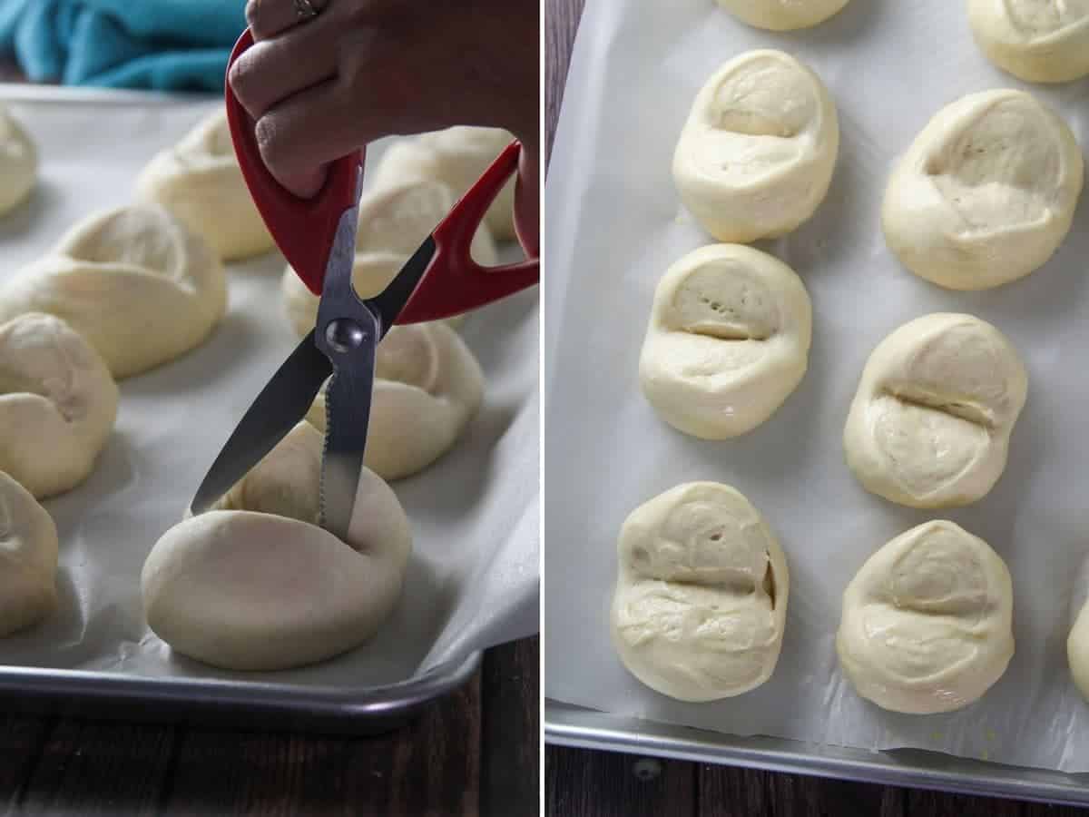 cutting the monay dough to form two halves