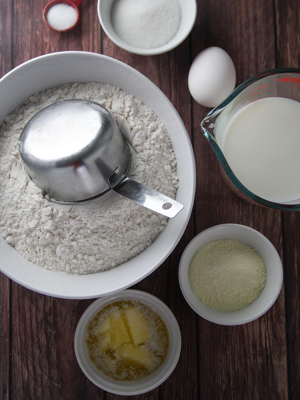 flour, eggs, milk, butter, yeast, milk powder, sugar, salt