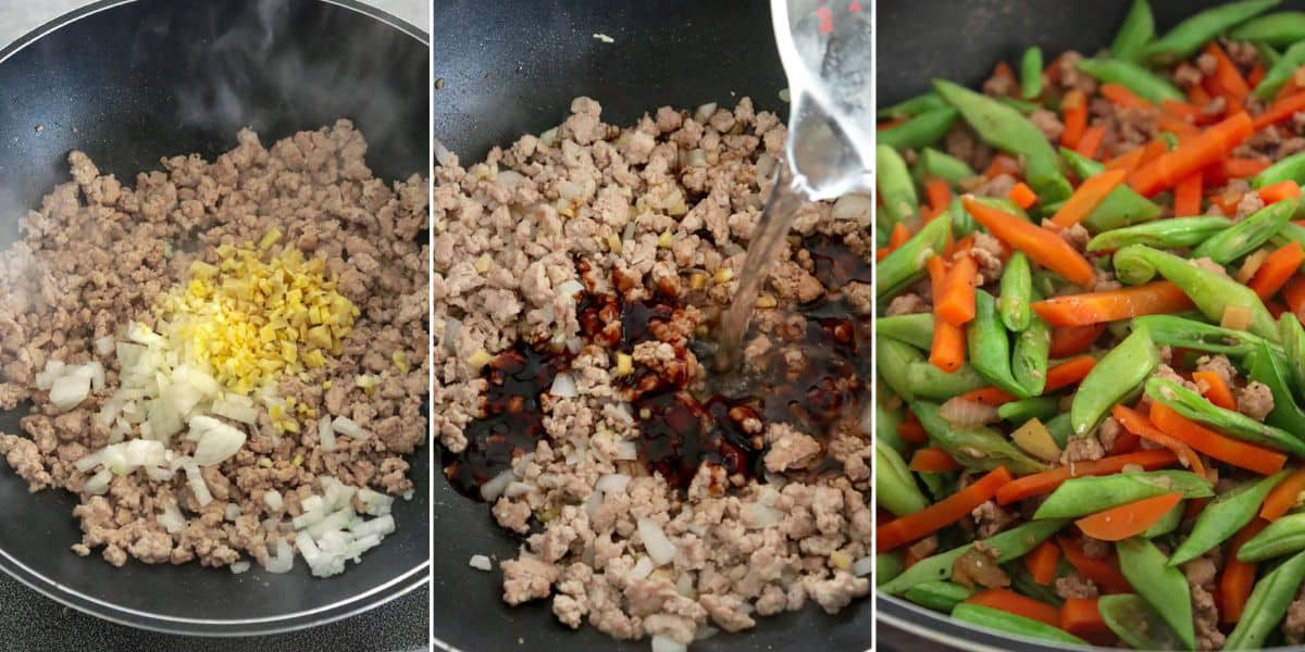 cooking green bean stir-fry with minced pork in a wok.