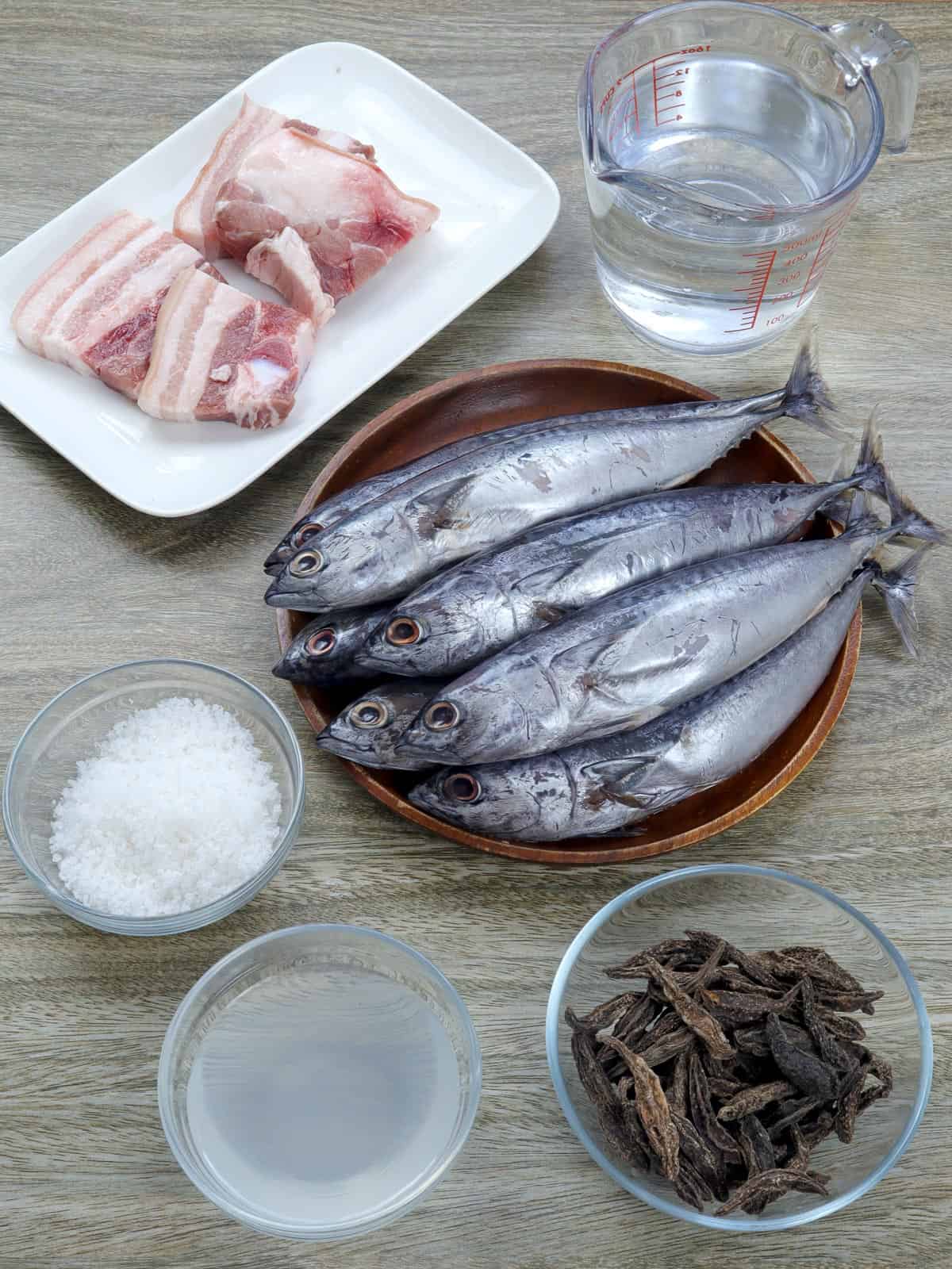 bullet tuna, pork belly, salt, dried kamias, vinegar