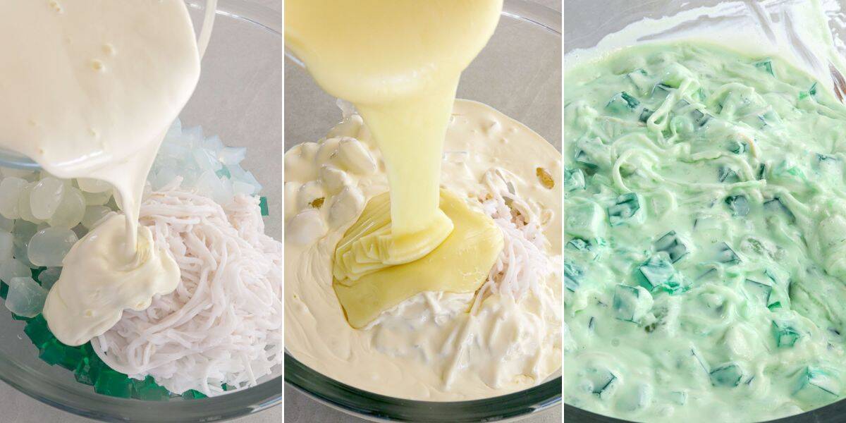 making buko pandan salad in a glass bowl.