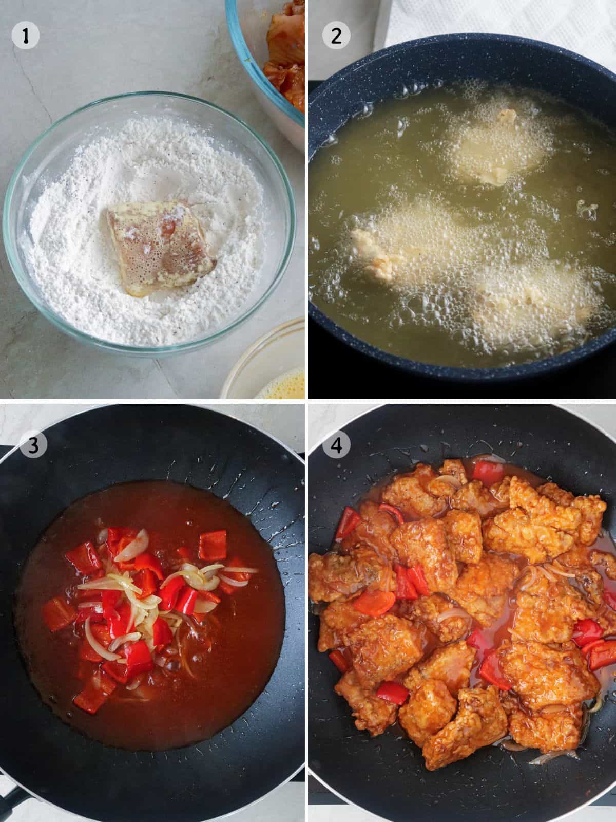 cooking sweet and sour fish in a pan.