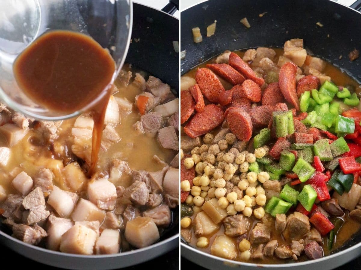 cooking Filipino pork and pickles stew in a pan