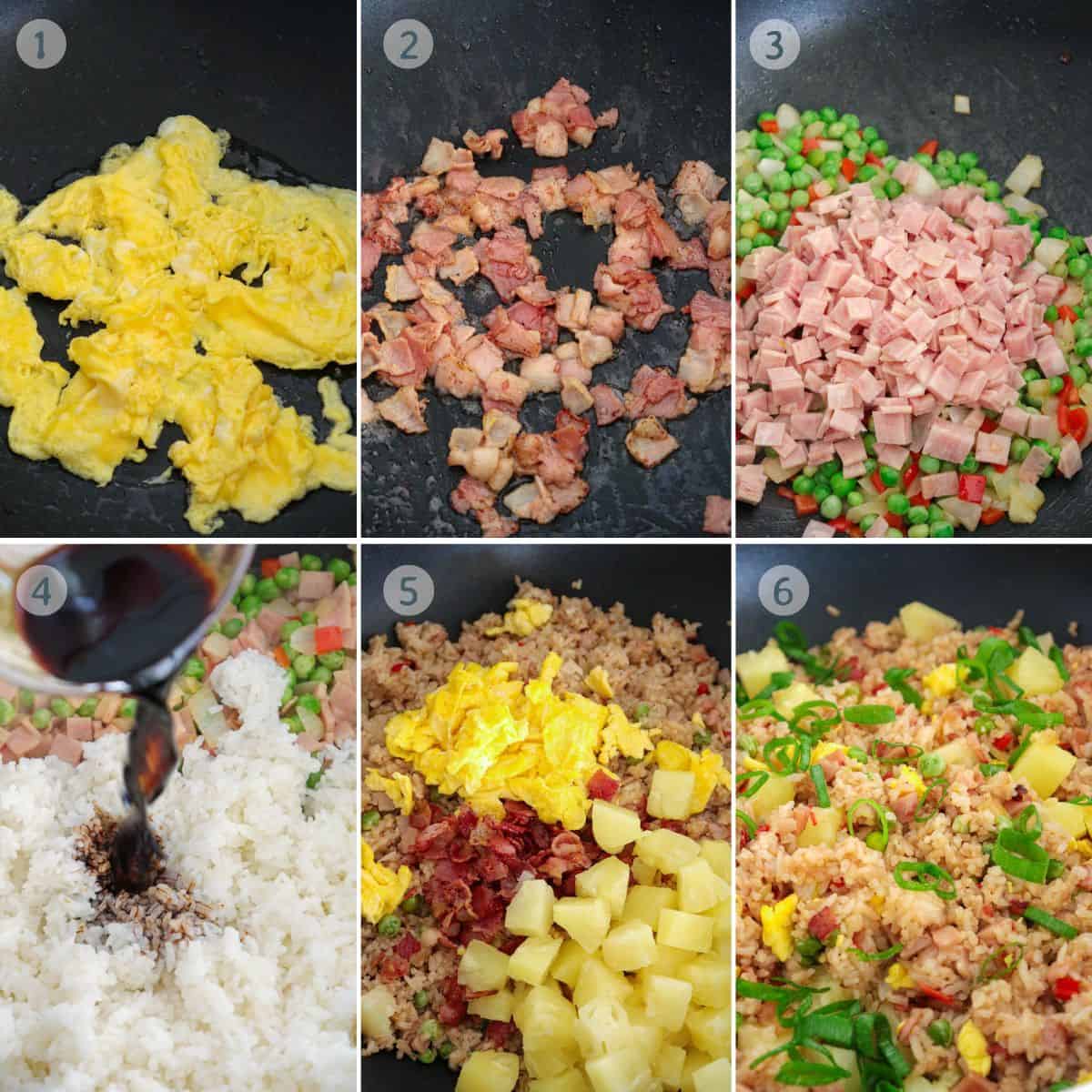 making Hawaiian fried rice in pan.