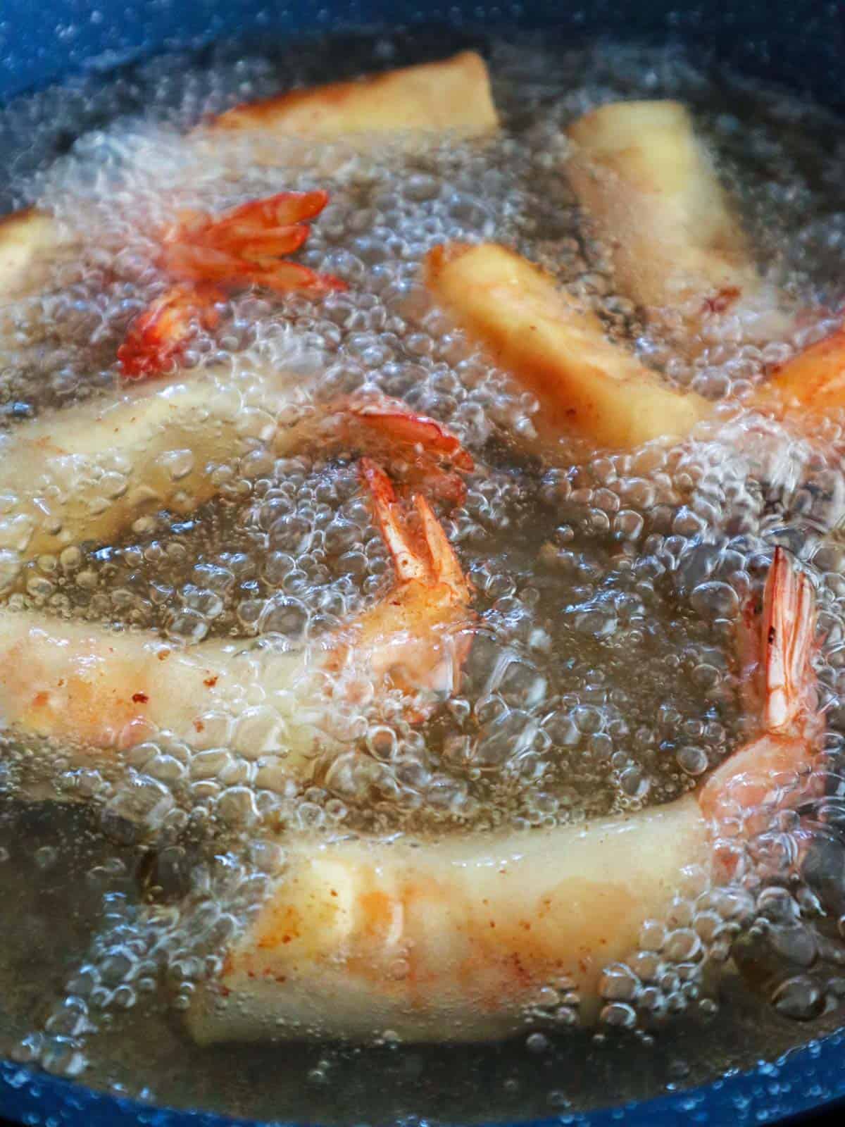 frying rellenong hipon in oil