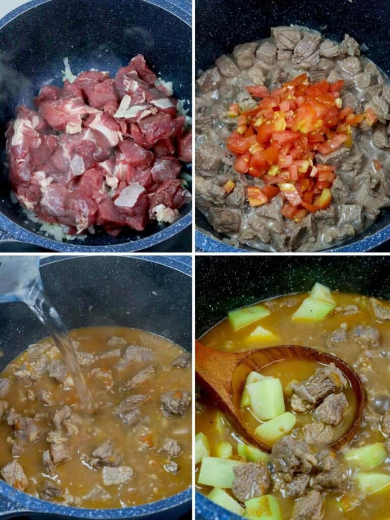 cooking picadillo soup with diced beef and chayote