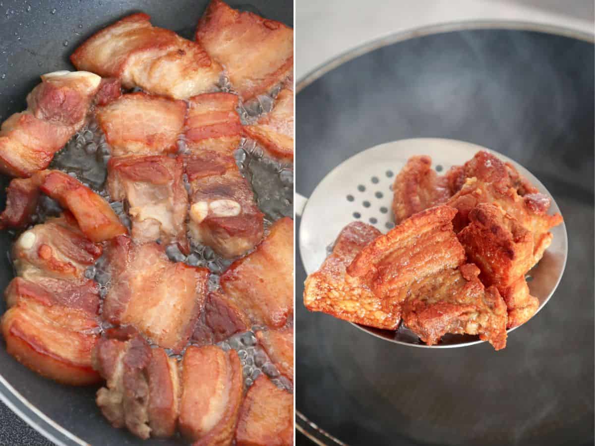 frying pork belly in a pan.