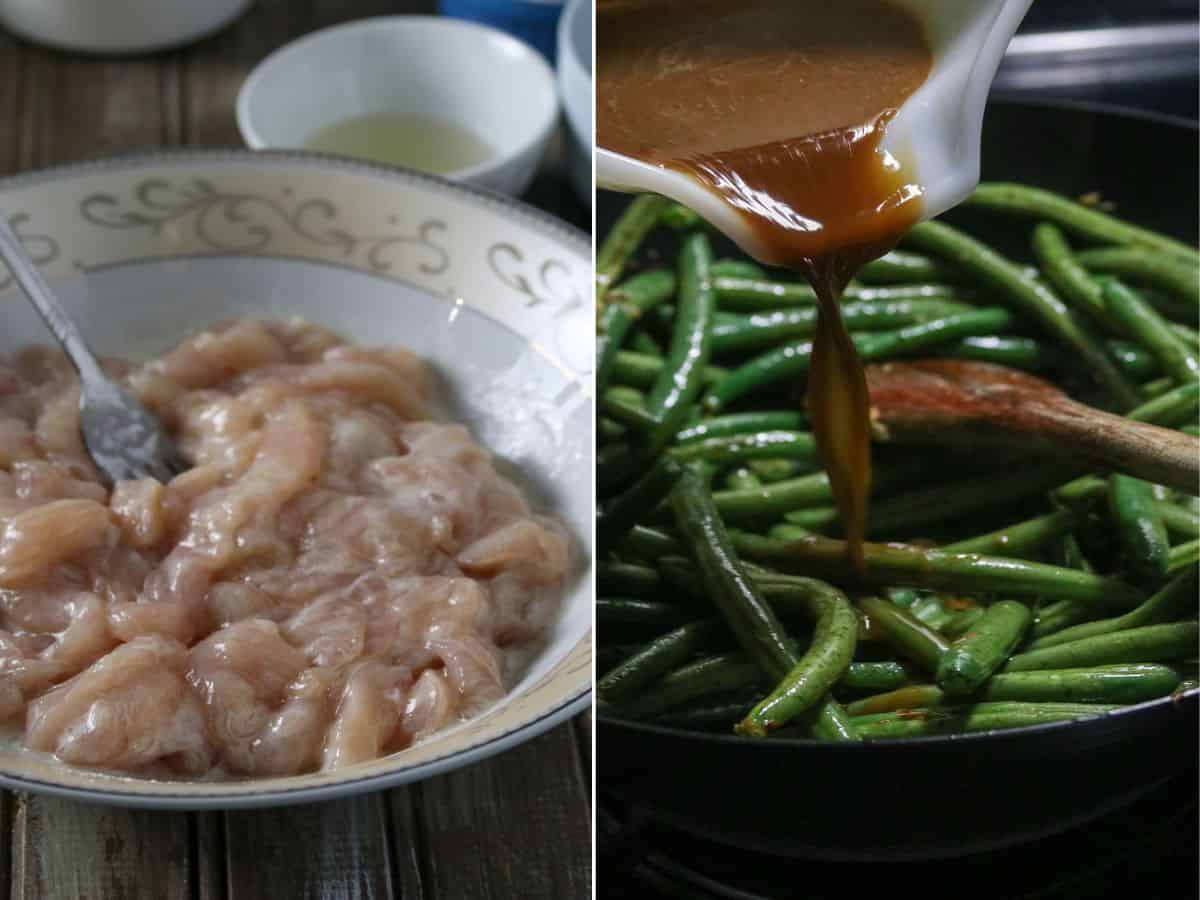 velveting sliced chicken breast in a bowl and stir frying green beans with sauce in a pan.