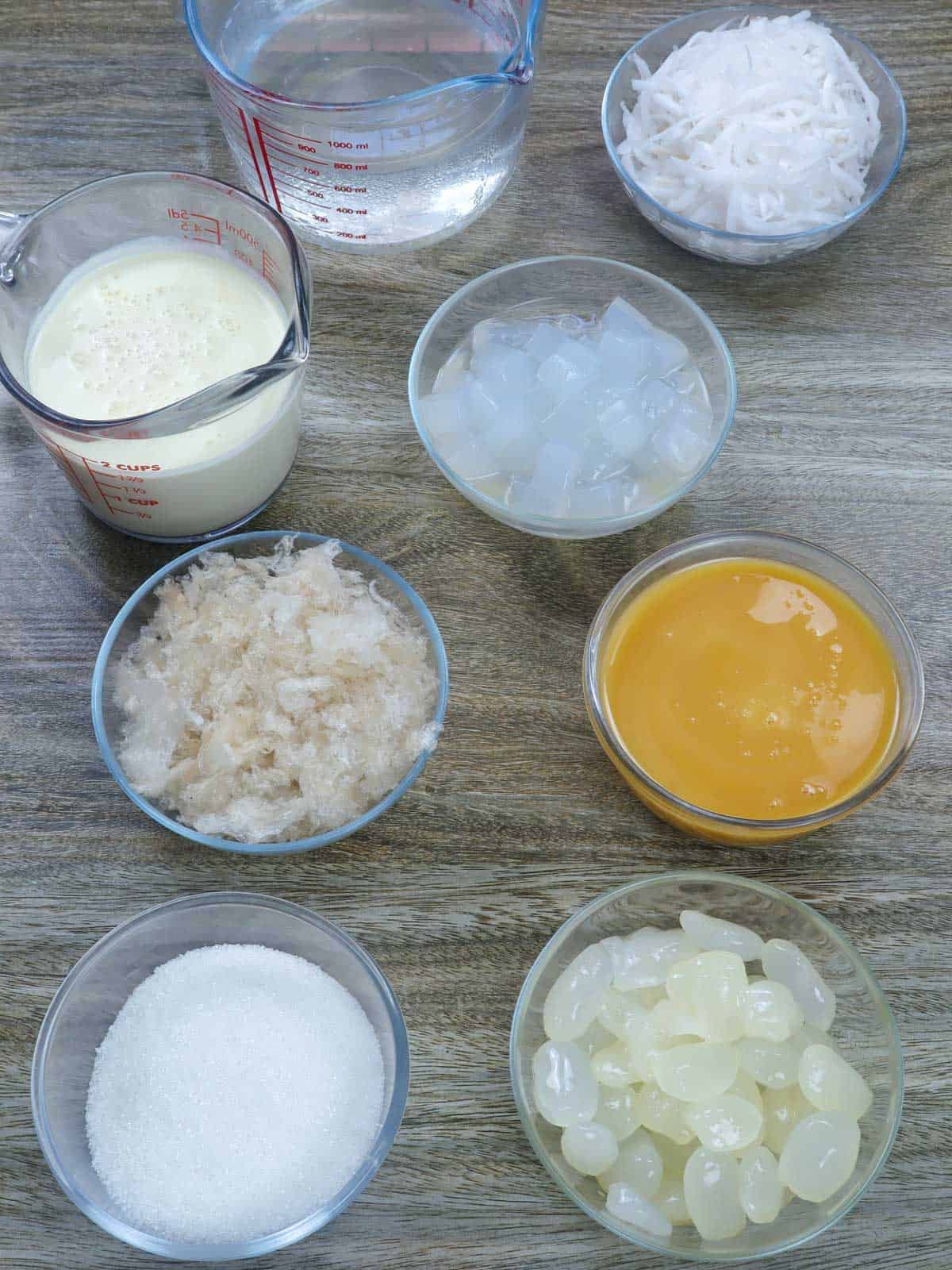 condensed milk, agar agar, kaong, nata de coco, shredded young coconut, Nestle cream in bowls