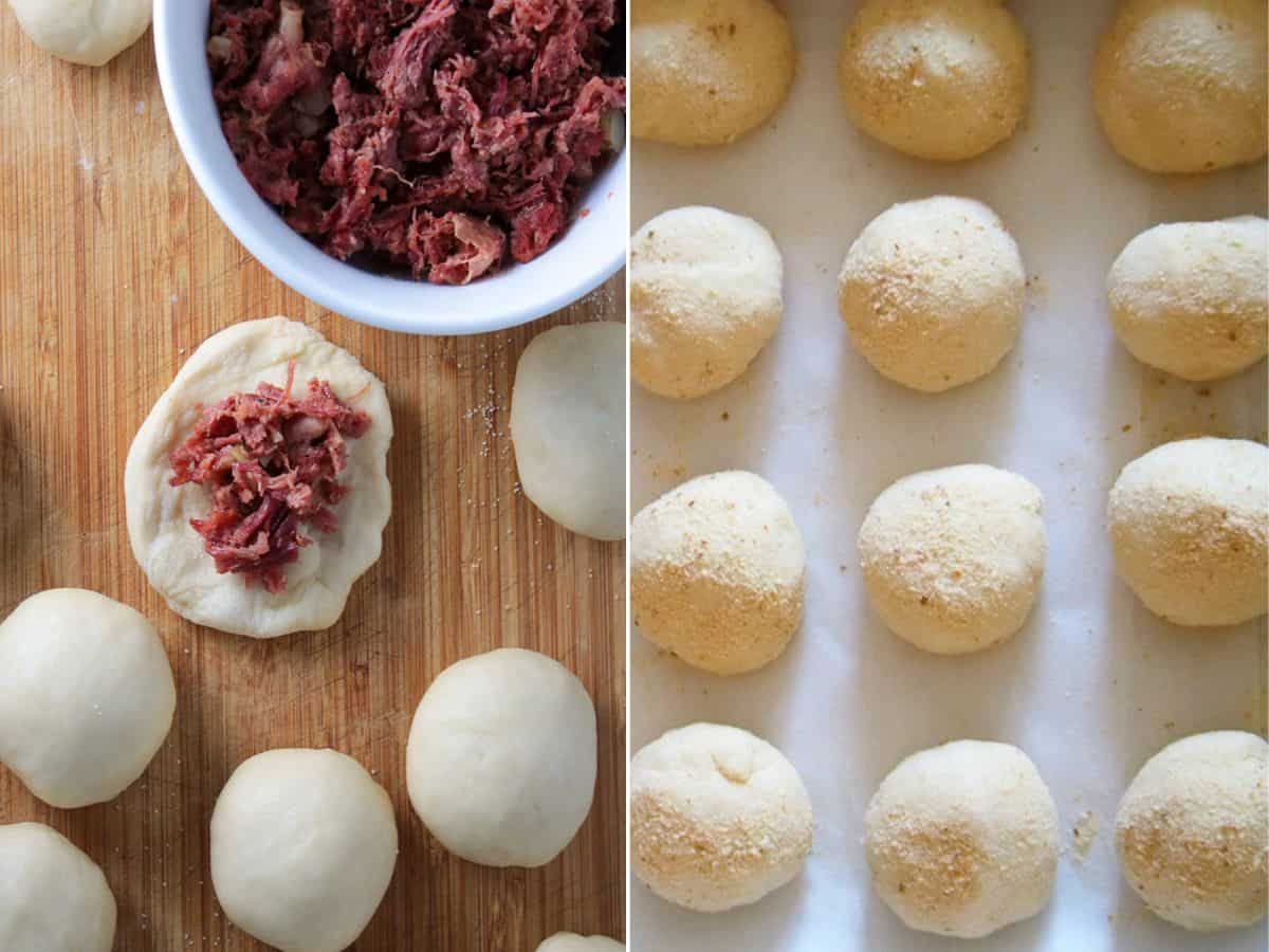 filling the dough with corned beef to make pandesal