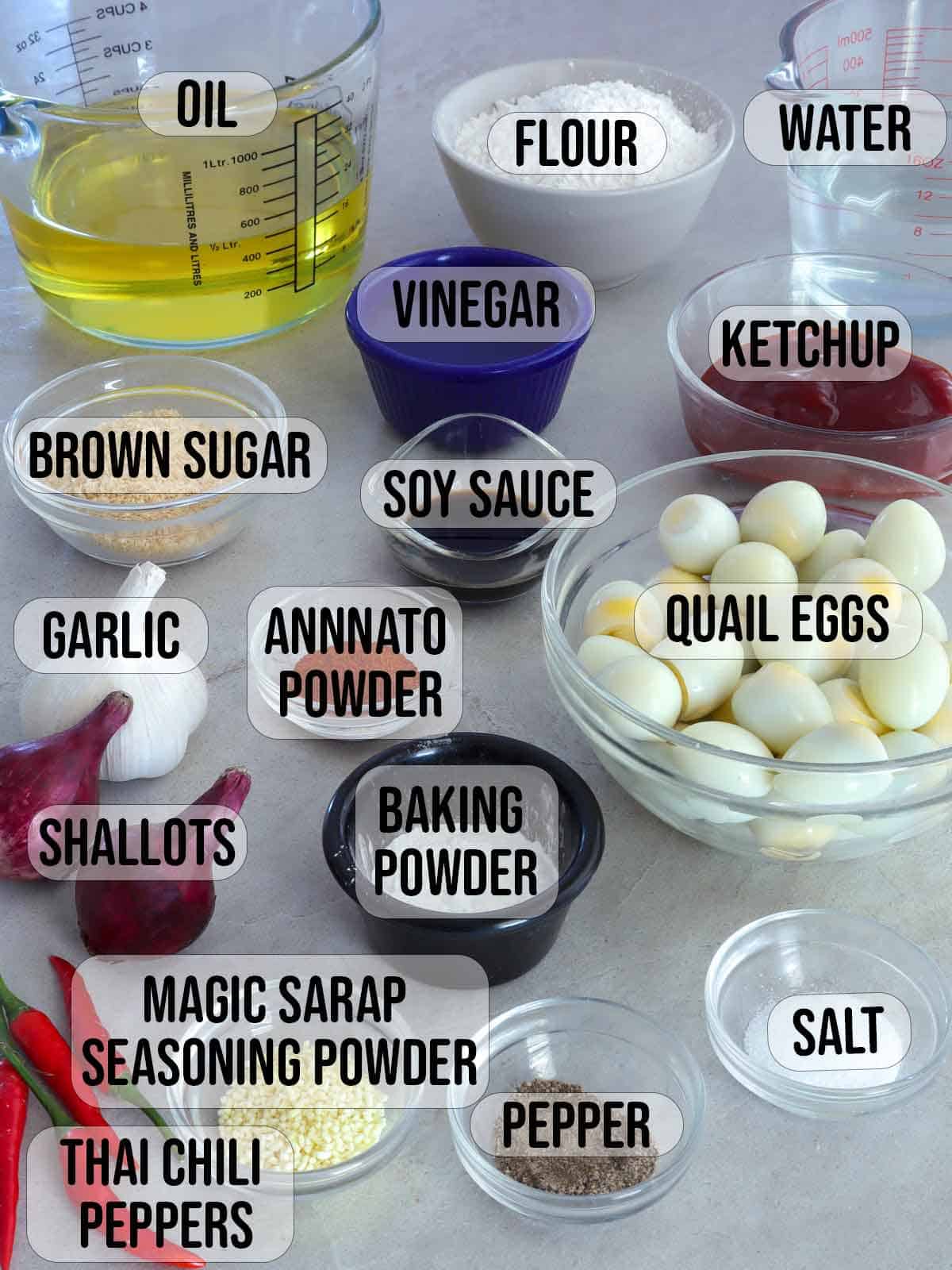 boiled quail eggs, chili peppers, flour, water, oil, onion, garlic, salt, pepper, sugar in bowls.