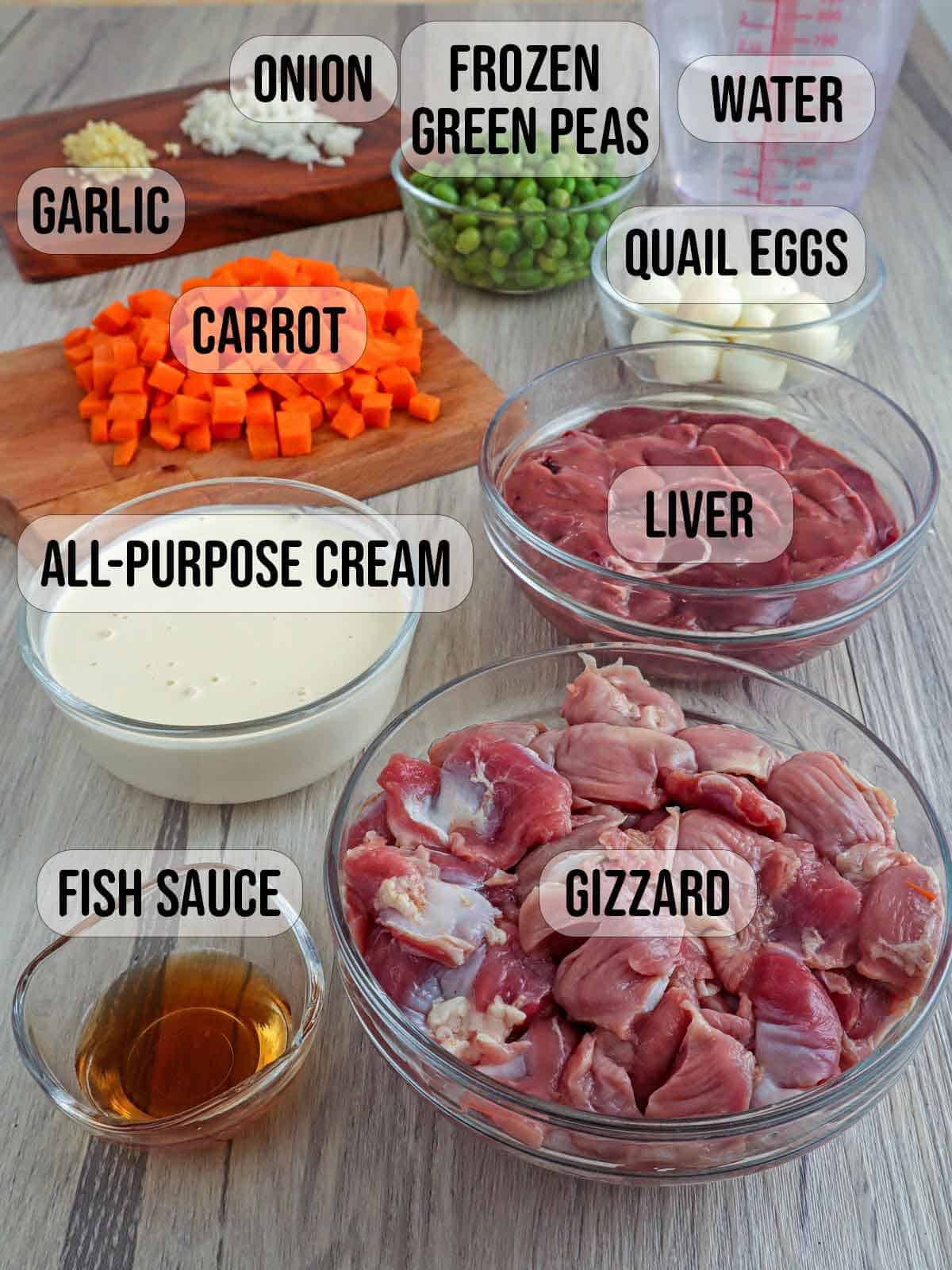 chicken liver, gizzard, table cream, green peas, onions, garlic, quail eggs, fish sauce, water, oil.