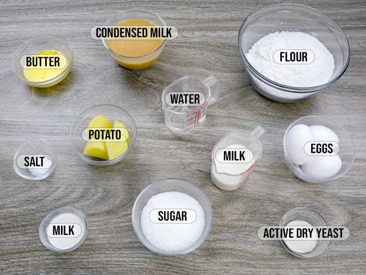 ingredients for yema bread rolls in bowls.
