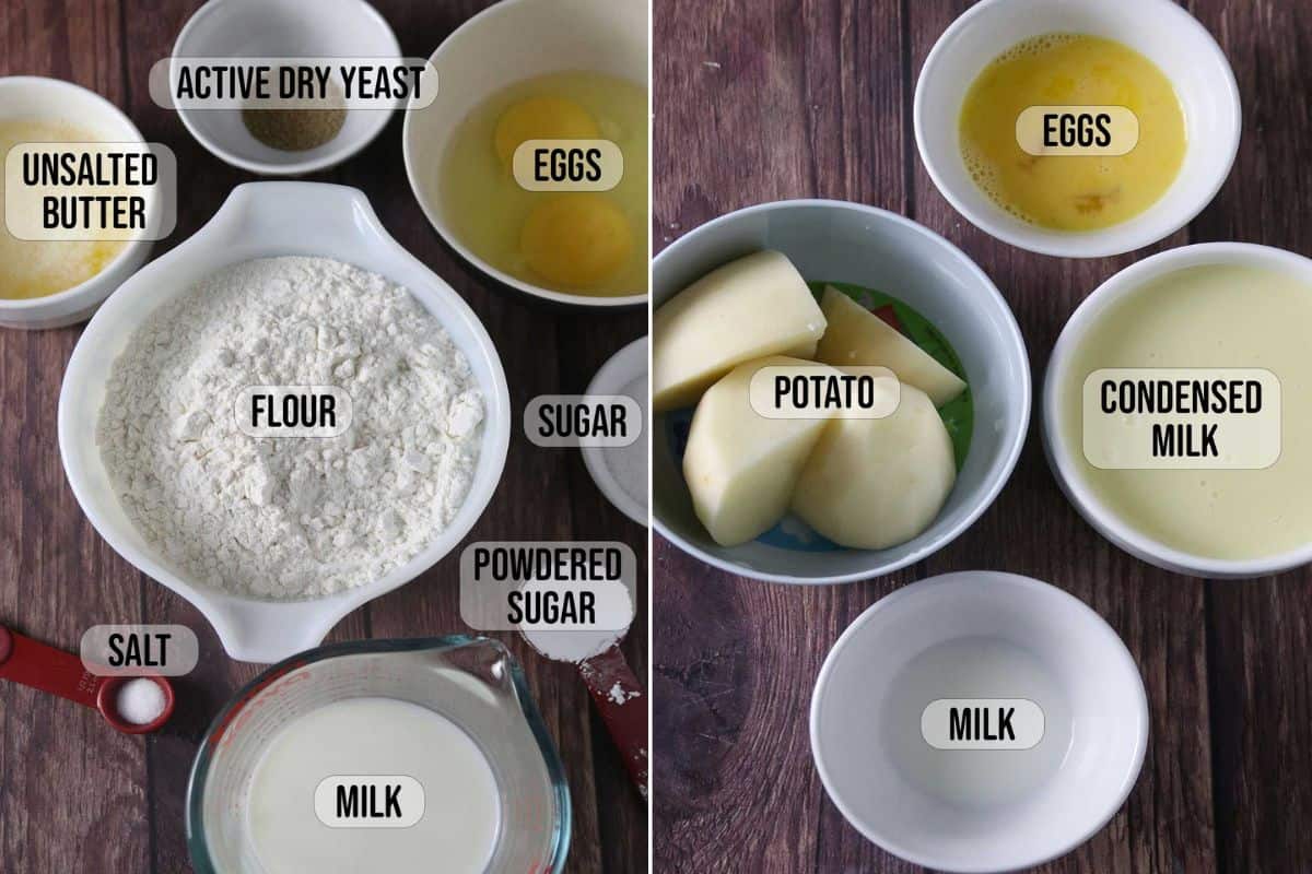 ingredients for yema bread rolls in bowls.