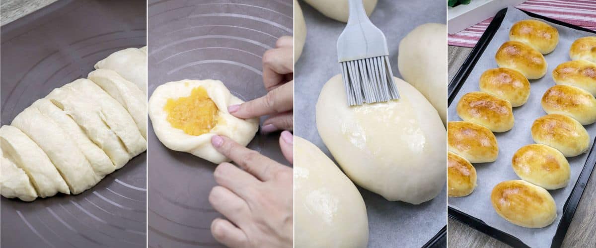 assembling and baking bread rolls with custard filling.
