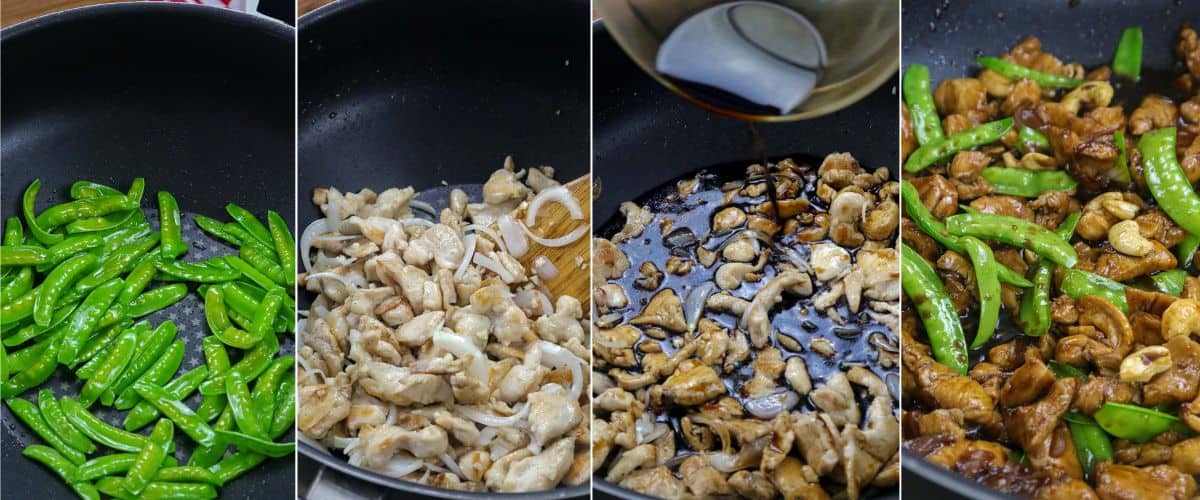 cooking cashew chicken with snow peas in a pan.
