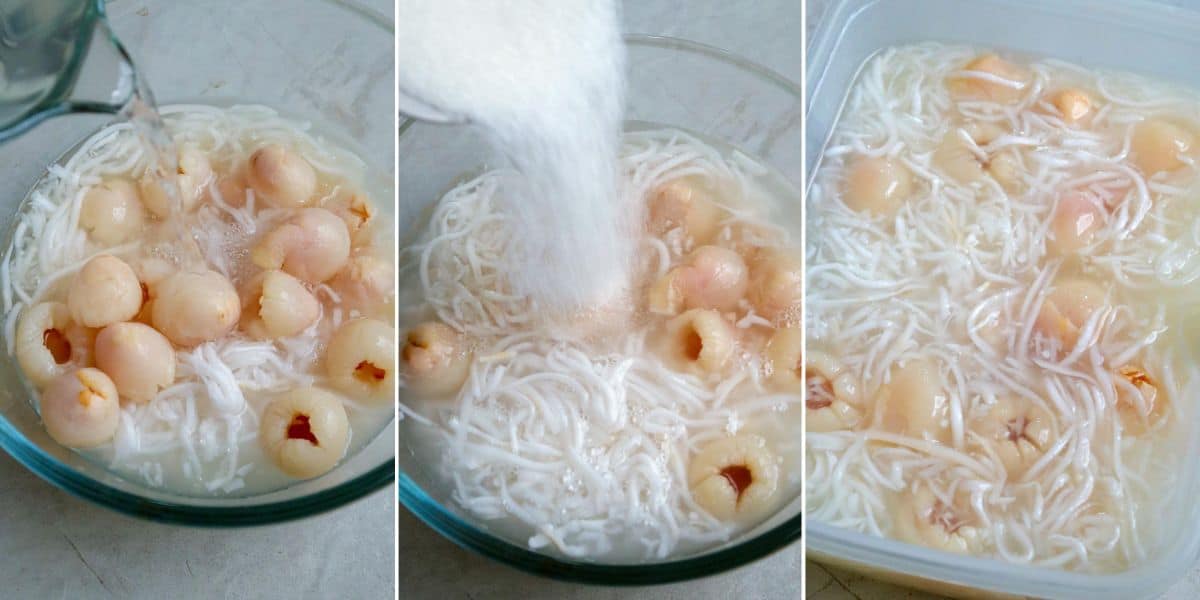 making sorbet with canned lychees and shredded young coconut in a bowl.