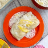 biibngkoy with ginataan sauce, sago, and langka on an orange plate.