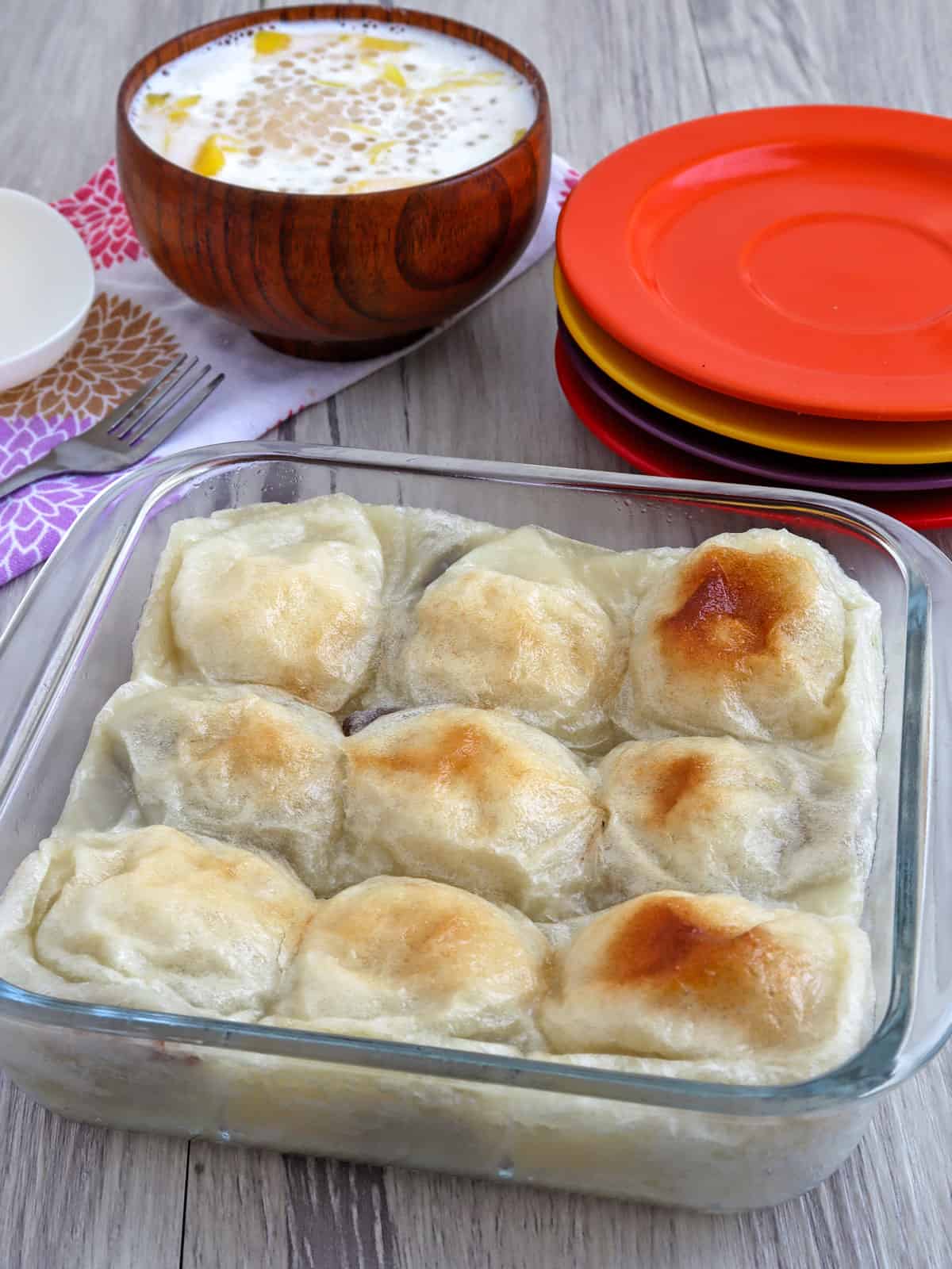 baked sticky rice dumplings in a baking dish.